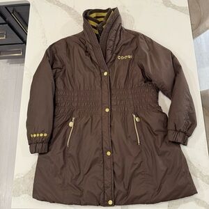 Vintage COOGI Long Puffer Coat Cinch Waist Women’s 2X Brown/Gold Large Back Logo
